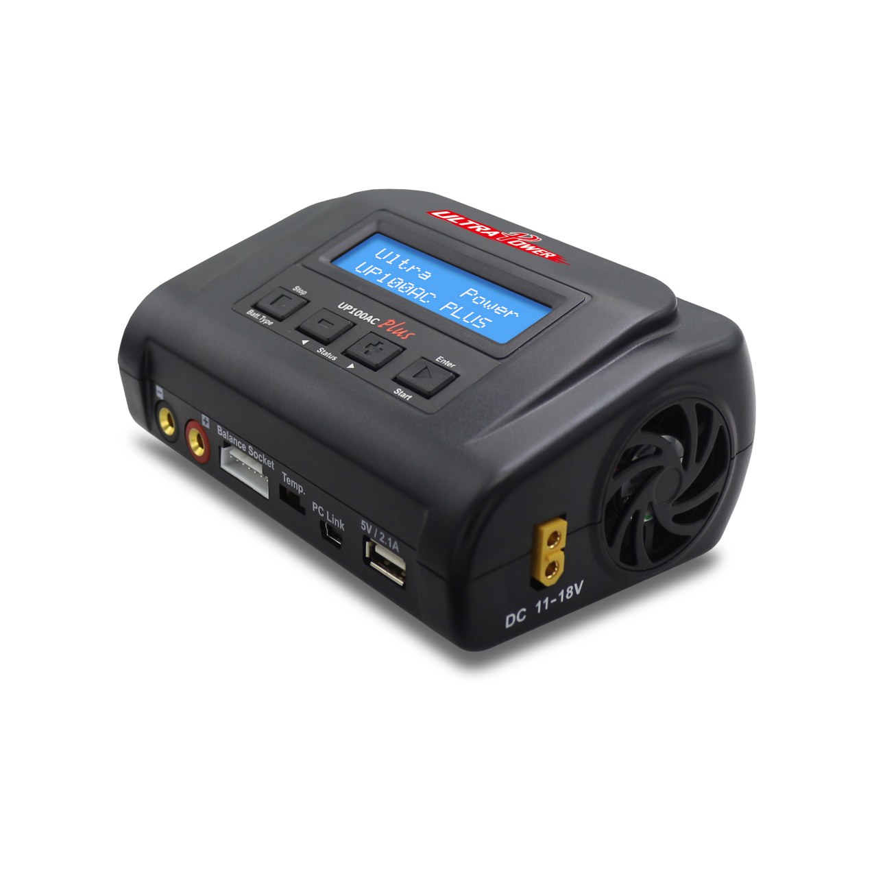 UP100AC PLUS 100W 电池充电器，适用于锂聚合物电池 / 高压锂电池 / 锂离子电池 / 磷酸铁锂电池、镍氢电池 / 镍镉电池、铅酸电池，支持 100-240V 交流电、11.0-18.0V 直流电