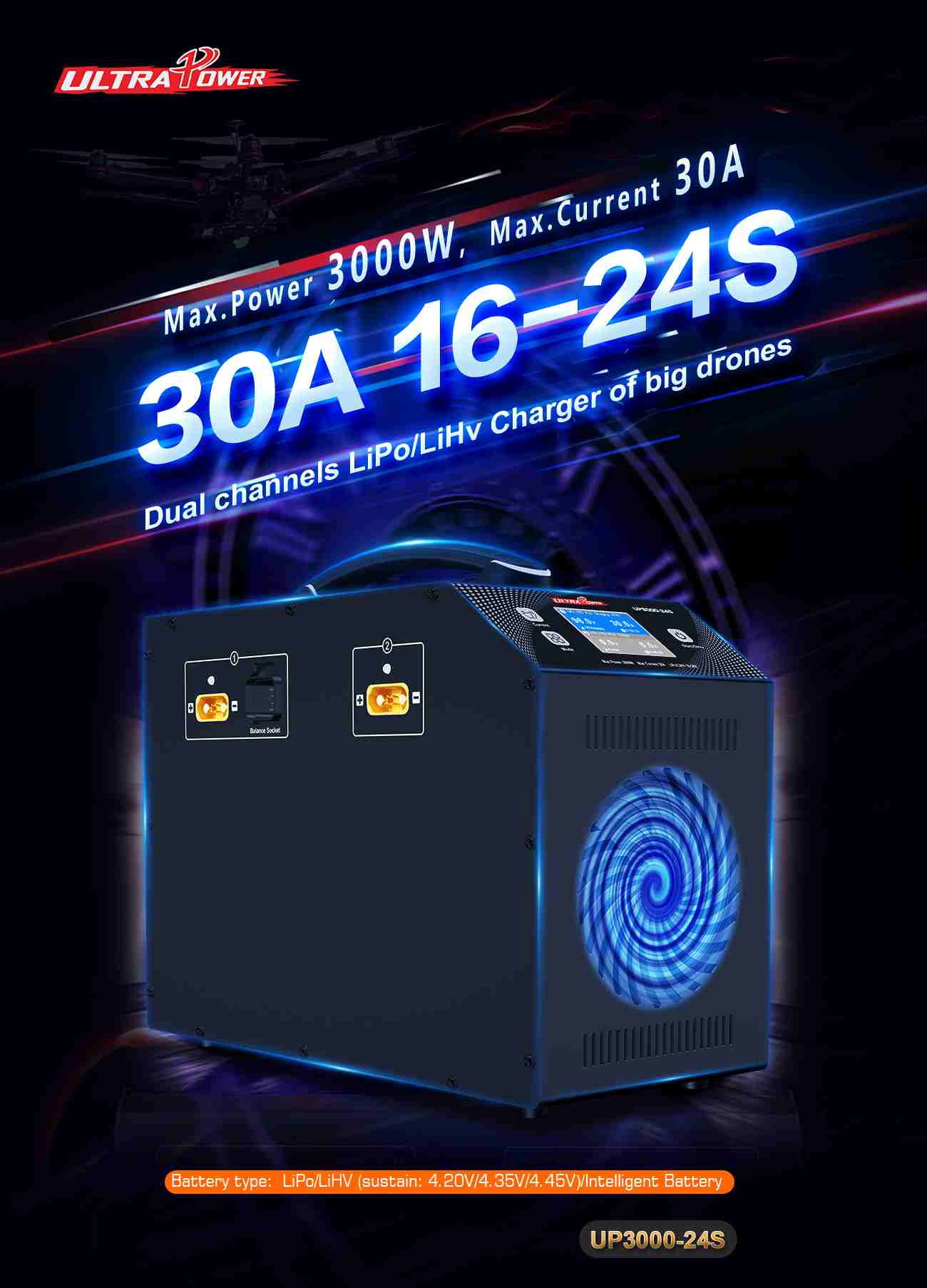 UP3000-24S 3000W 磷酸铁锂 / 高压锂电池智能充电器 16-24S 100-240V（适用于遥控模型）