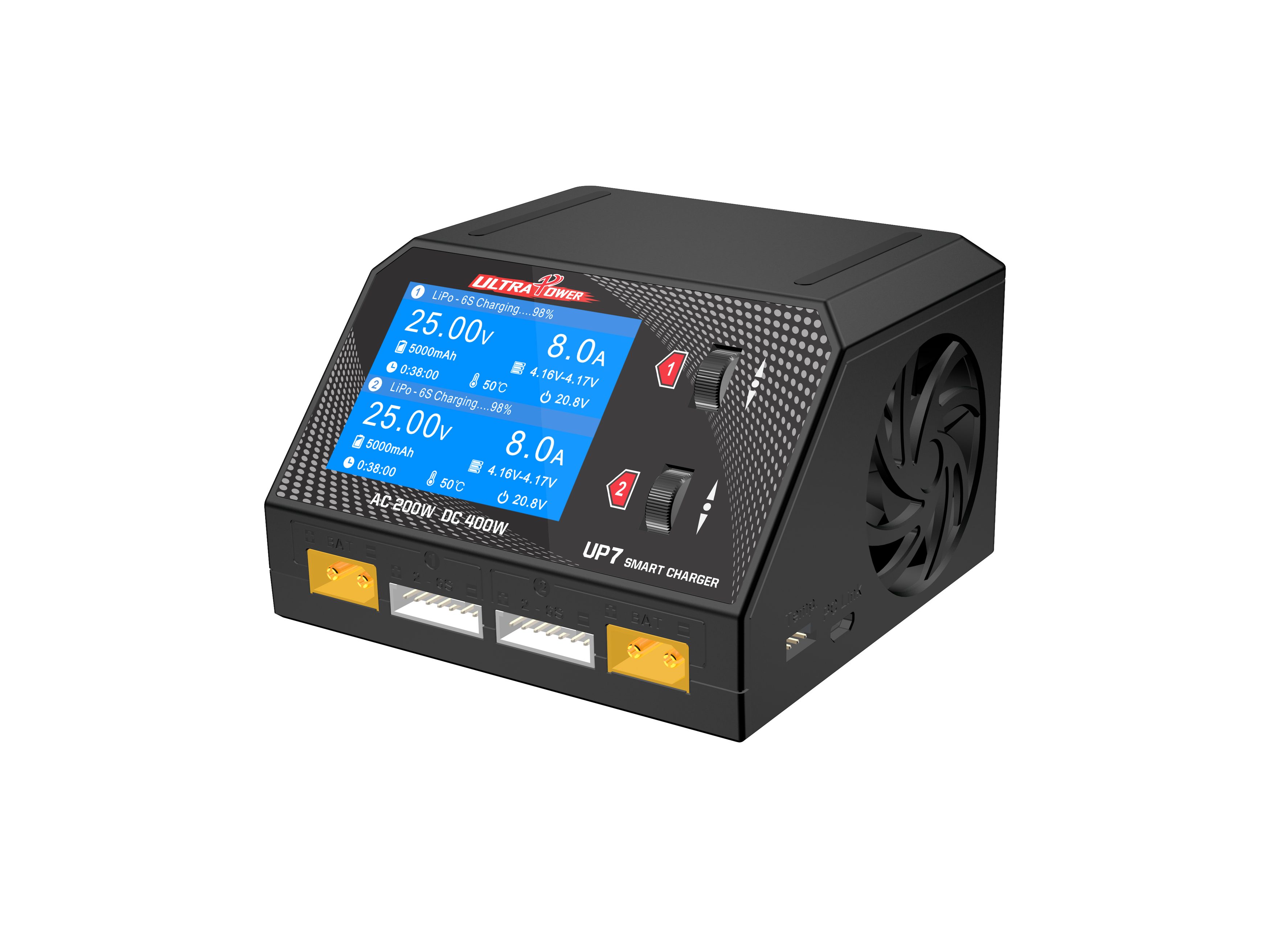 UP7 200W Dual Channel Battery Charger for LiPo LiFe NiMH NiCd Lead Acid 100-240V AC 9.0-32.0V DC