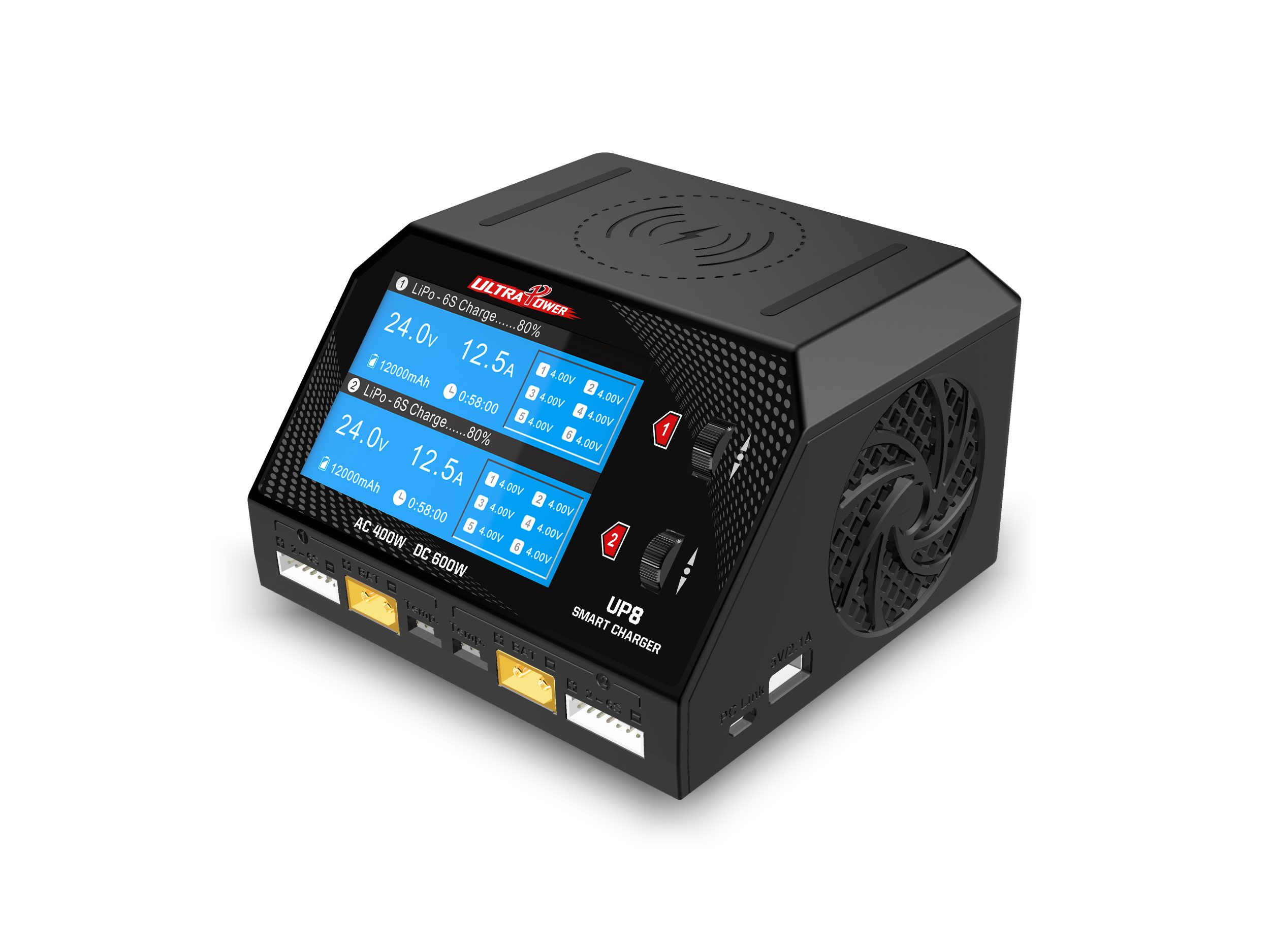 UP8 300W Dual Channel Battery Charger with Wireless Charging for LiPo LiHV LiFe Li-ion NiMH NiCd Lead Acid 100-240V AC 9.0-30.0V DC